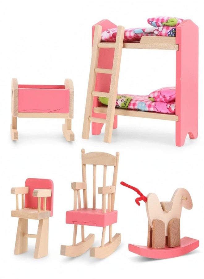 JOINPAYA 1:12 Scale Wood Bunk Bed Dollhouse Furniture Setith Ladder and Rocking Horse, DIY Miniature Accessories for Dollhouse Bedroom Decoration - Image 1